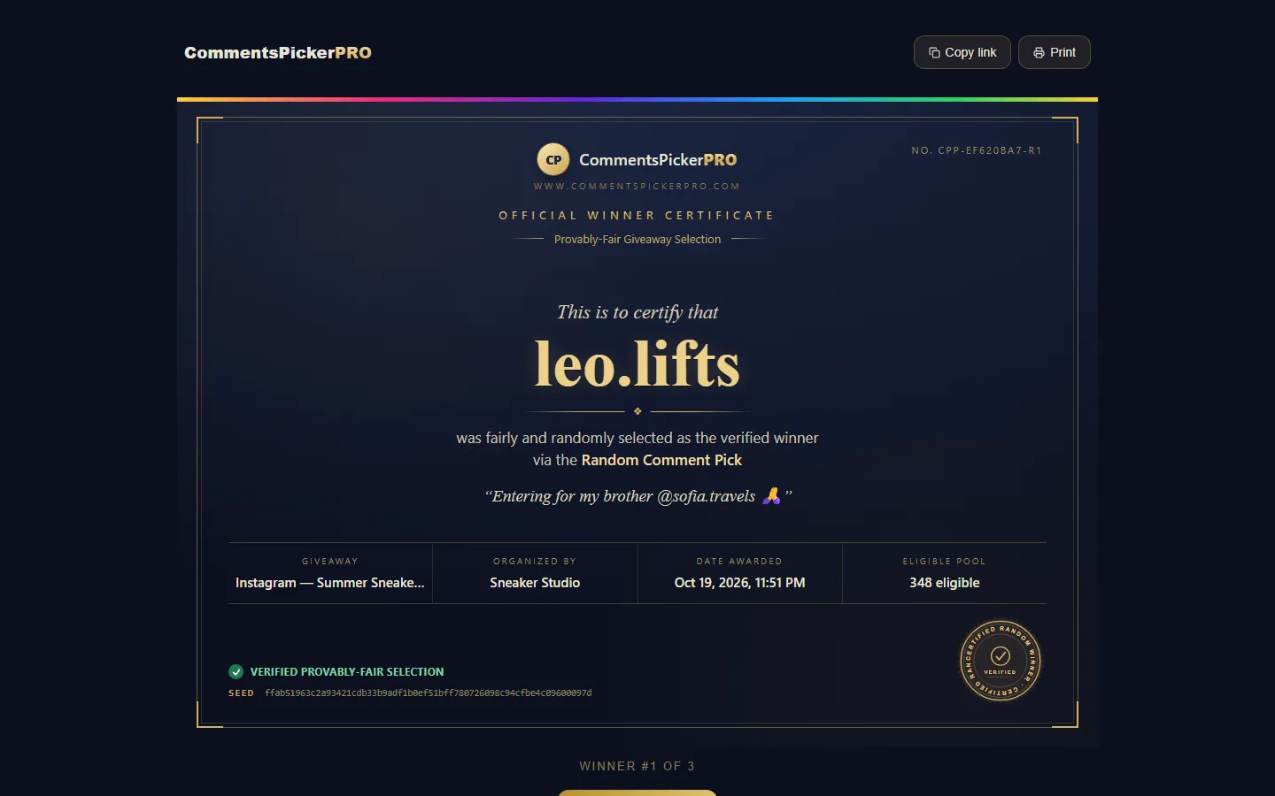 A certificate your audience trusts. — CommentsPickerPro app screen