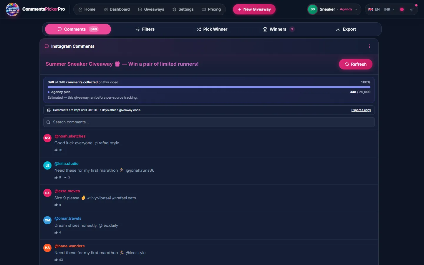 Every comment. Not a sample. — CommentsPickerPro app screen