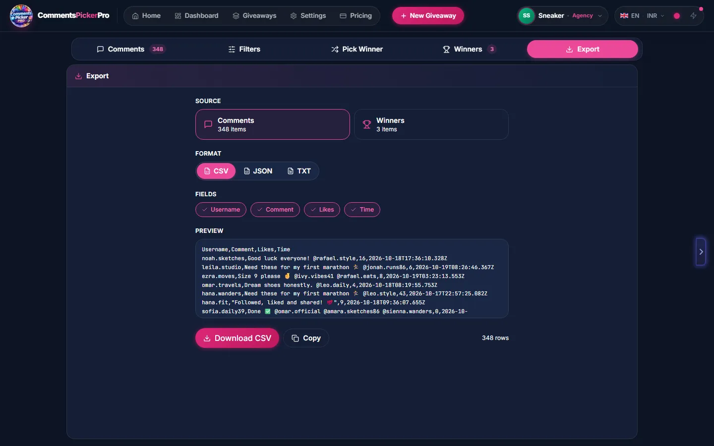 Take your data anywhere. — CommentsPickerPro app screen