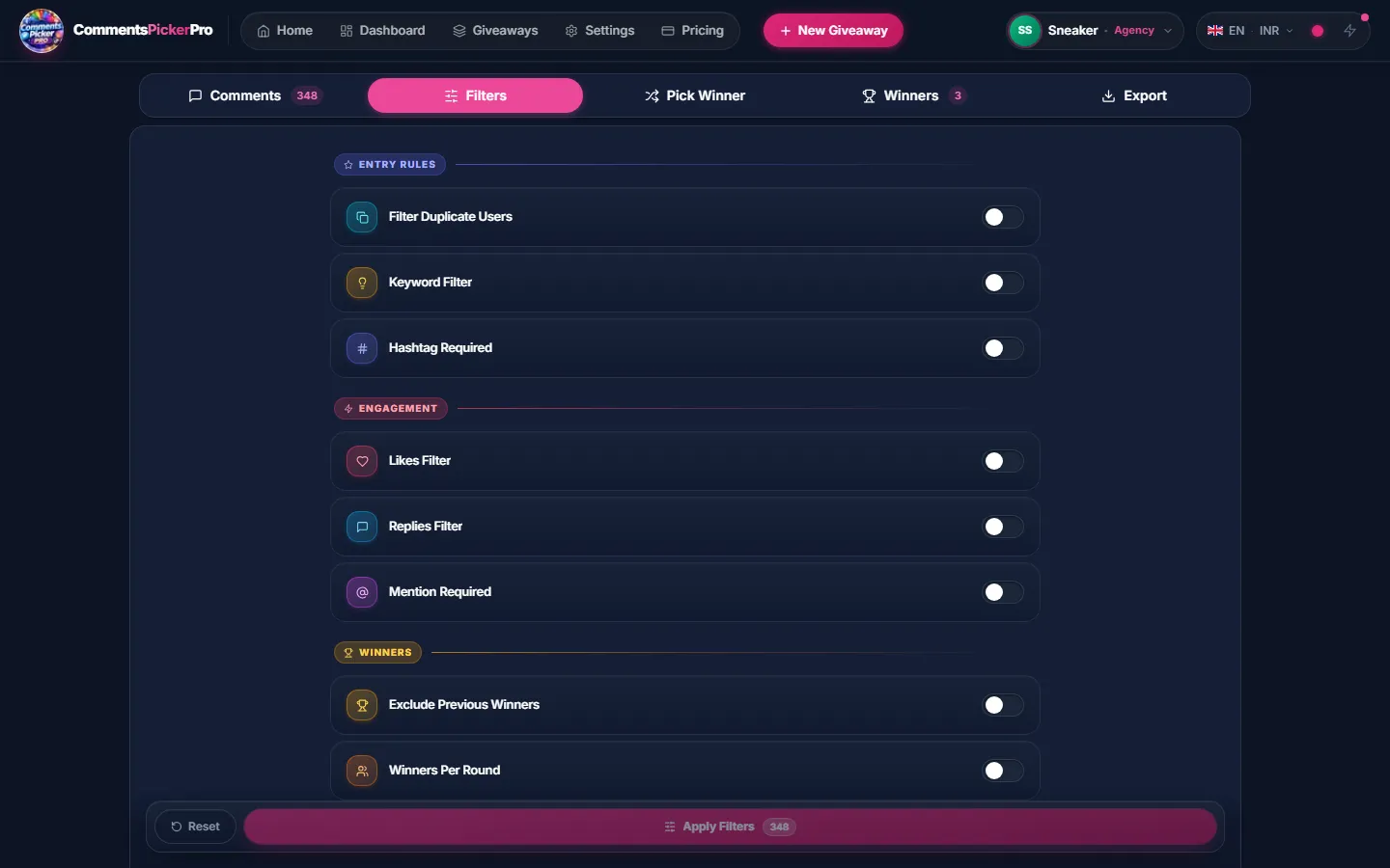Fair-play filters, one click each. — CommentsPickerPro app screen