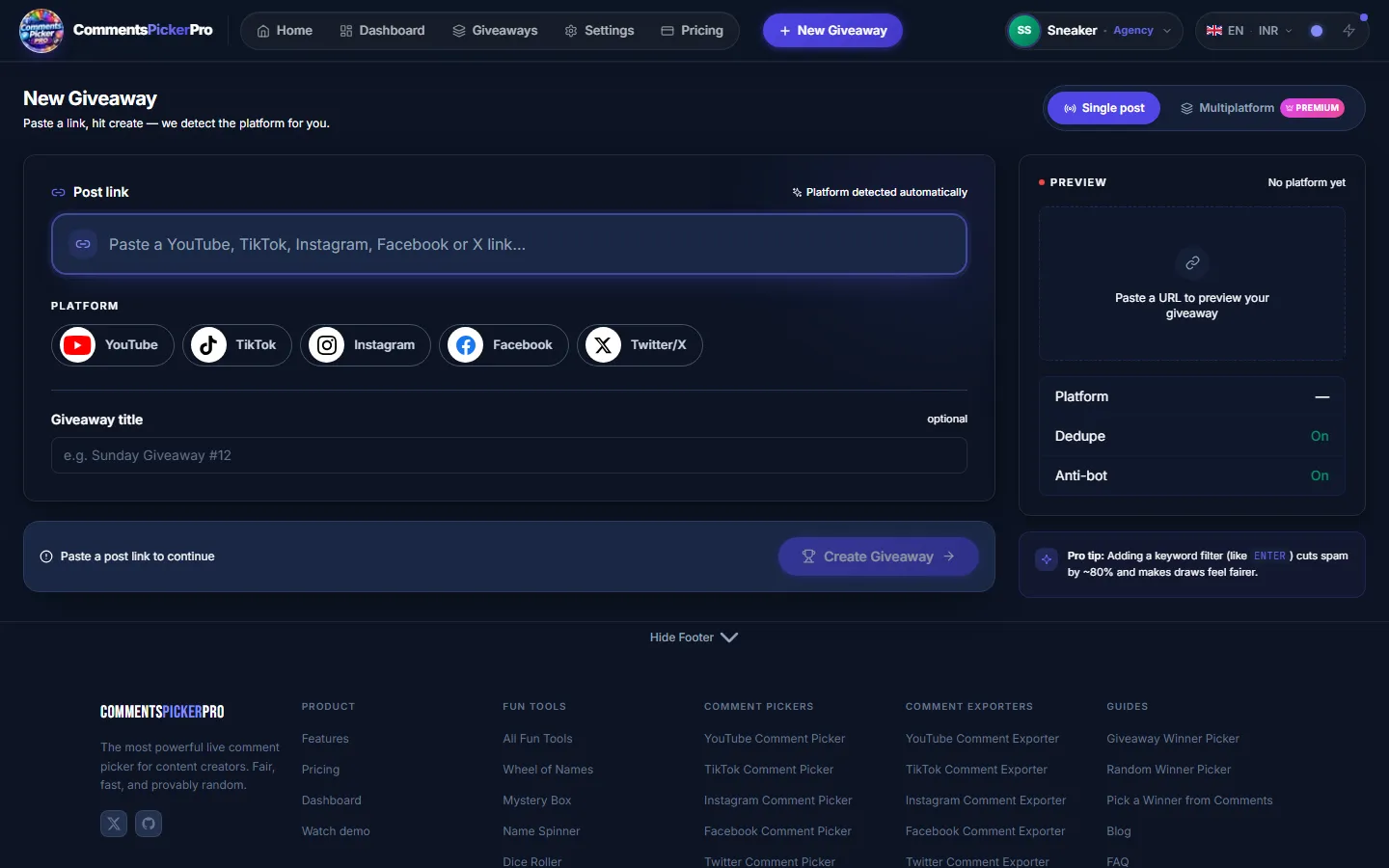 Paste a link. We do the rest. — CommentsPickerPro app screen