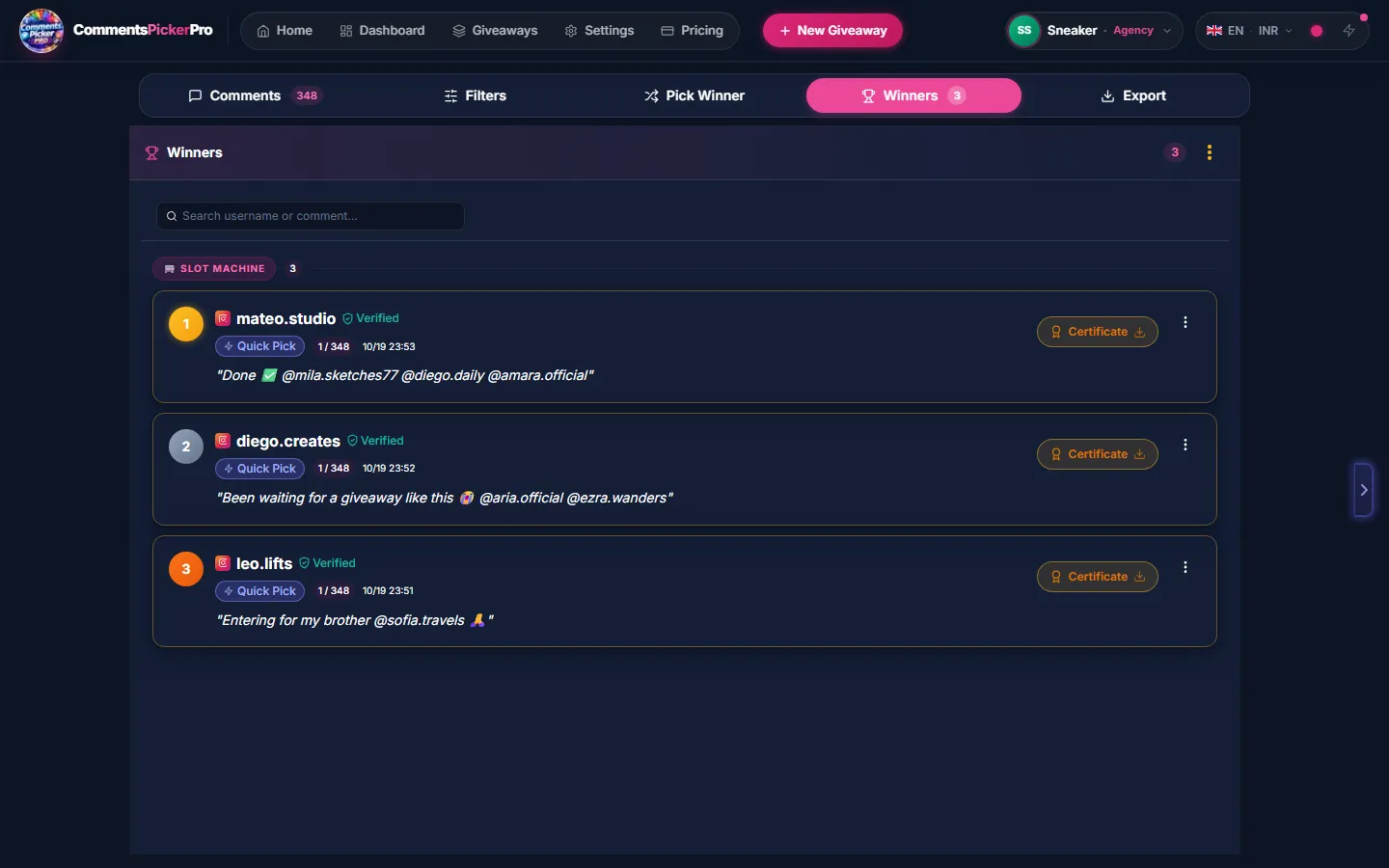 Winners, provably fair. — CommentsPickerPro app screen
